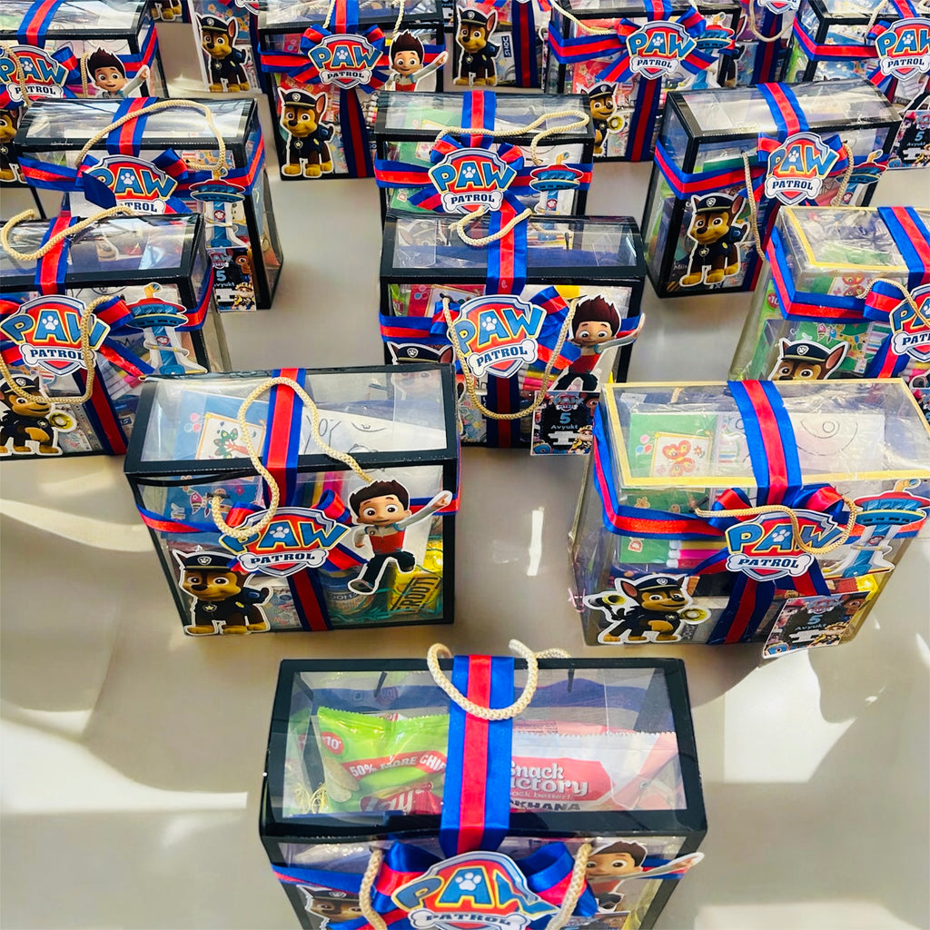 Customized birthday party favor hamper with coloring kit and snacks