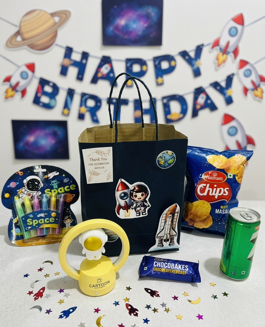 kids theme gift hamper in paper bag, birthday return gift hamper with night lamp,