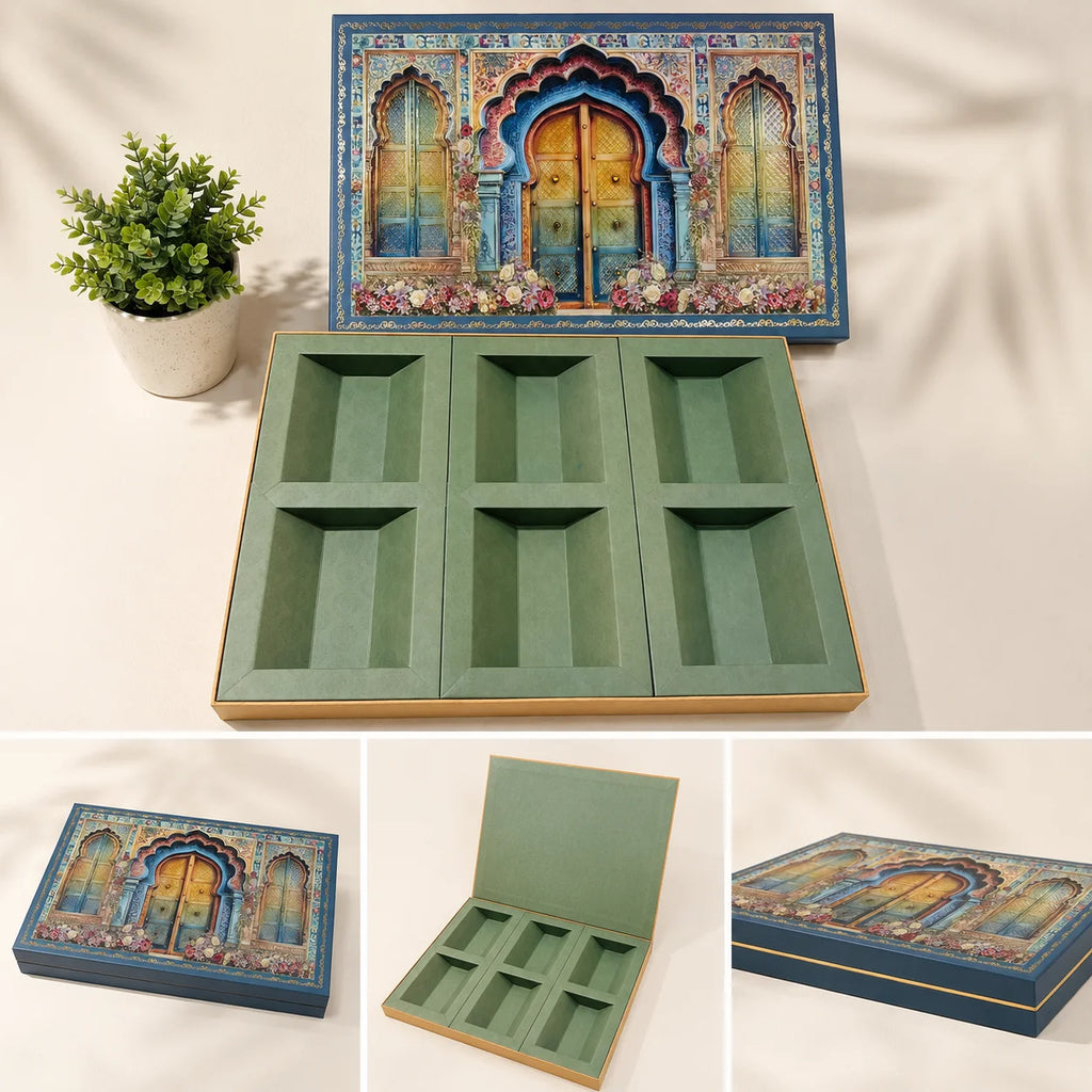 Large 6 Partition Dry Fruit Box by Wrap Shap made from premium kappa board, designed for dry fruits, chocolates, gourmet treats, festive hampers, luxury corporate gifting, wedding favours, and premium gift packaging.