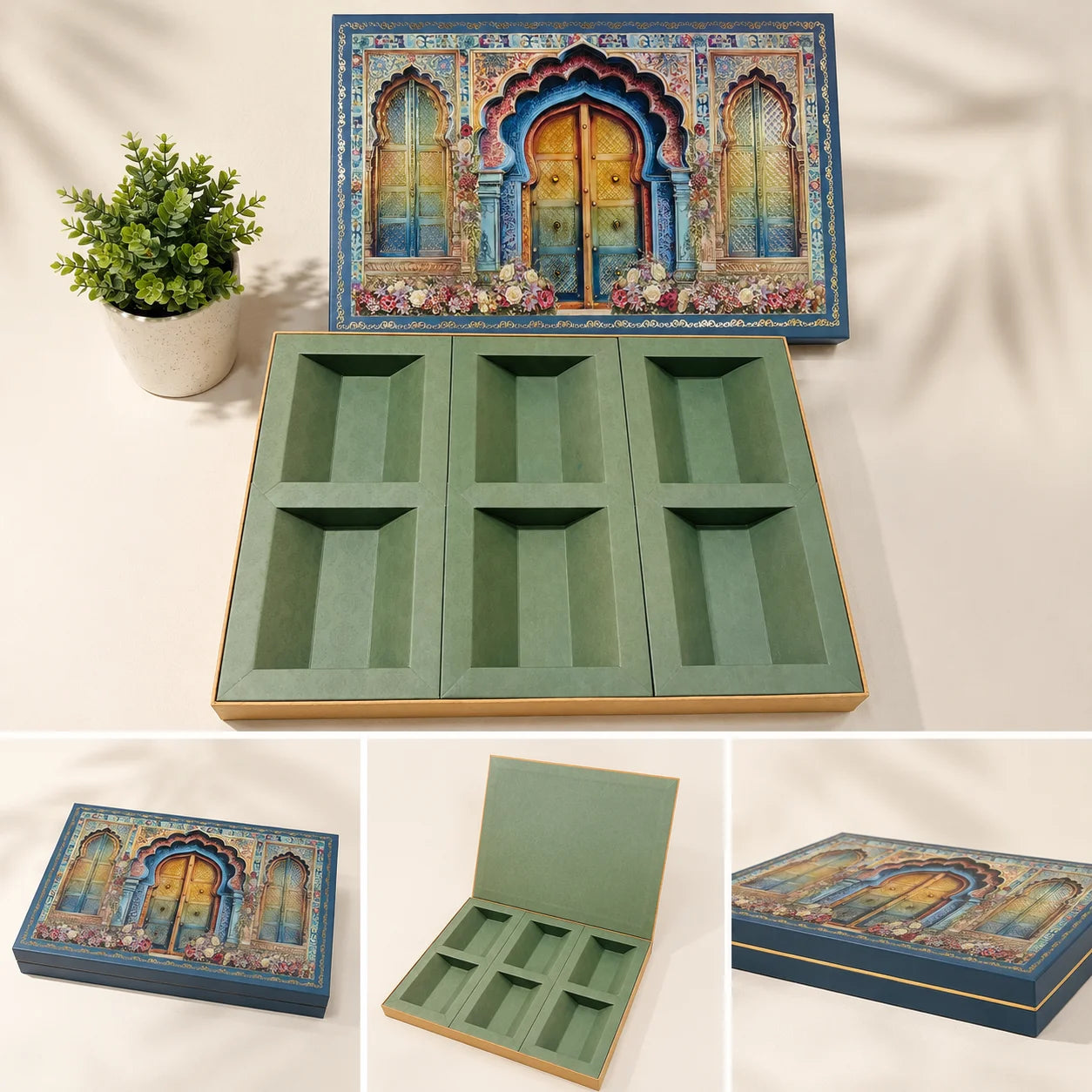 Large 6 Partition Dry Fruit Box by Wrap Shap made from premium kappa board, designed for dry fruits, chocolates, gourmet treats, festive hampers, luxury corporate gifting, wedding favours, and premium gift packaging.