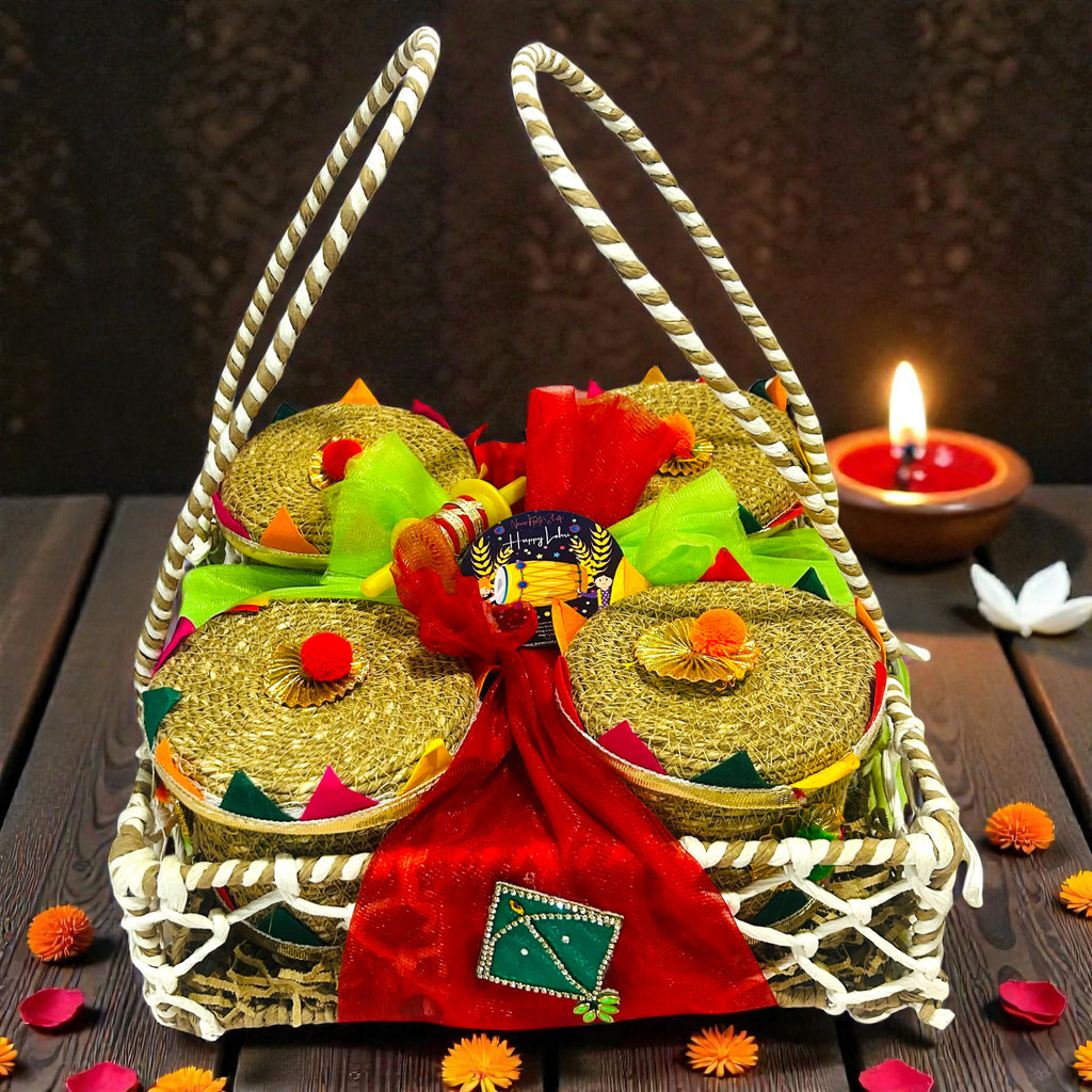 Premium Lohri gift hamper in a large rafia basket with revdi, chikki, moongfali and popcorn in jute gift boxes.