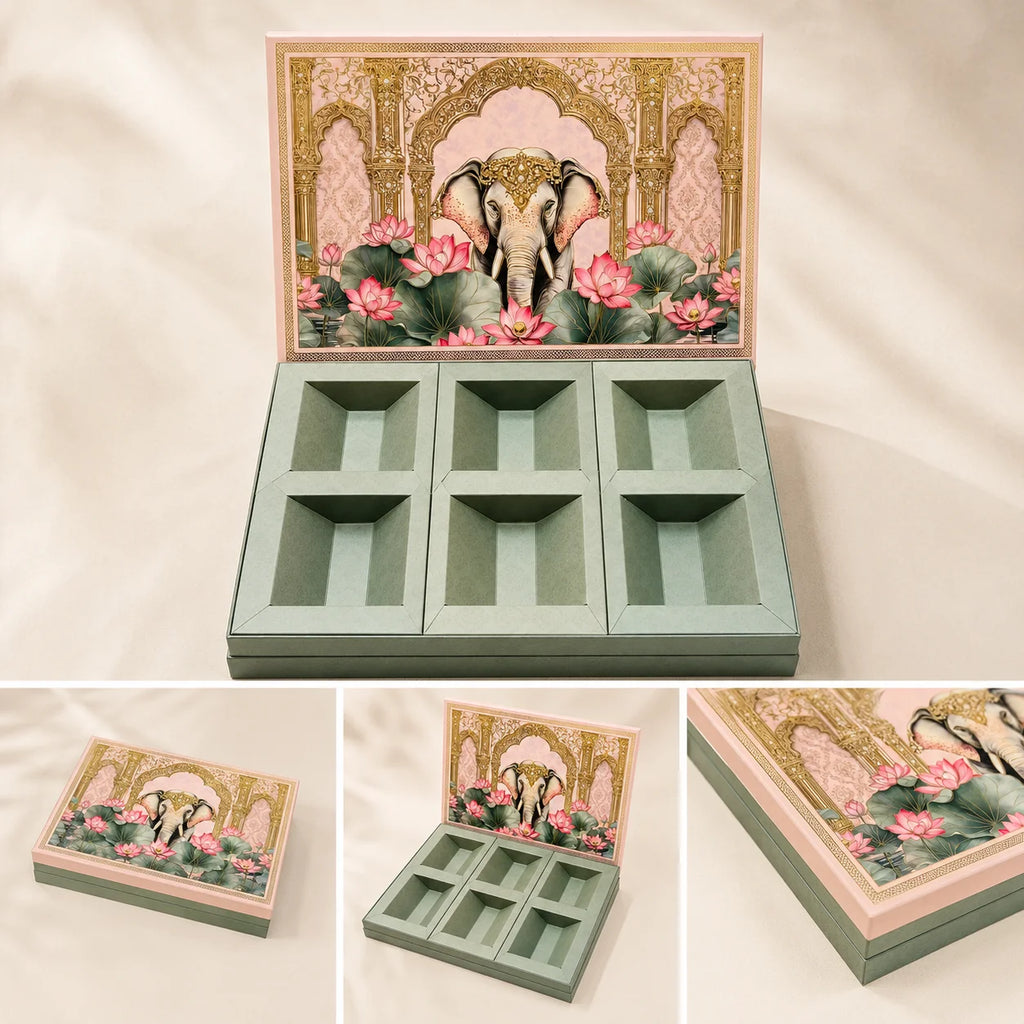 Large 6 Partition Dry Fruit Box by Wrap Shap made from premium kappa board, designed for dry fruits, chocolates, gourmet treats, festive hampers, luxury corporate gifting, wedding favours, and premium gift packaging.