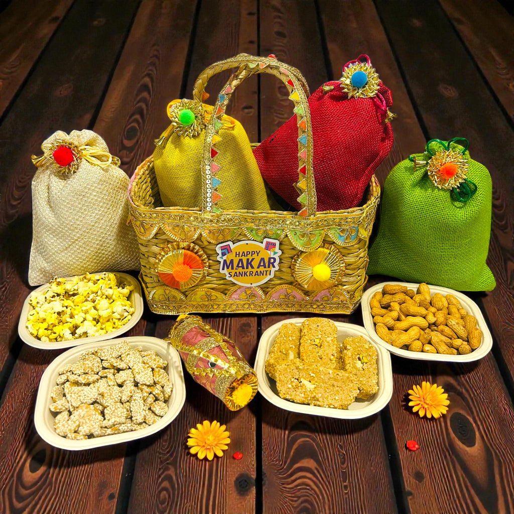 Lohri themed Kauna basket hamper with traditional snacks packed in decorated jute potlis