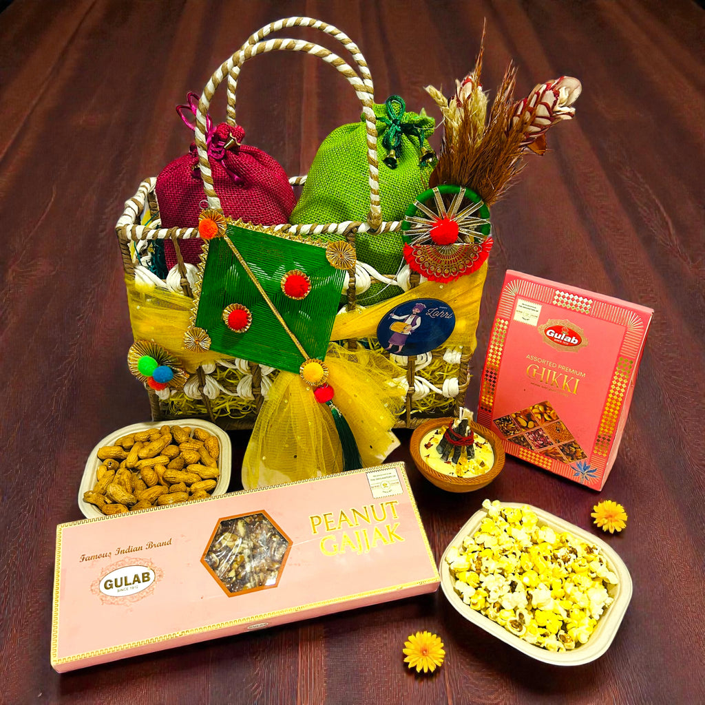 Lohri themed rafia basket hamper with traditional harvest festival snacks.
