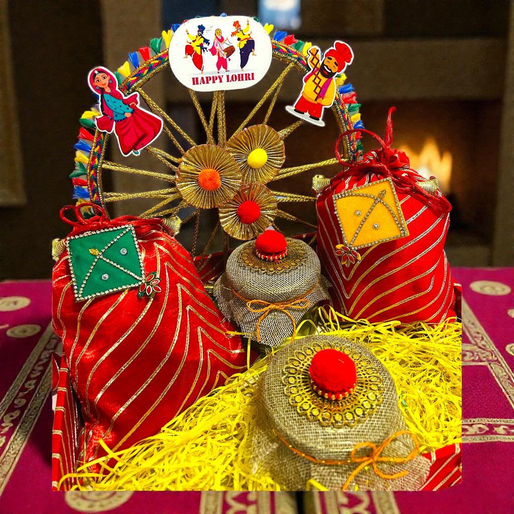 Gota Leheriya themed Lohri tray hamper with traditional festive sweets and snacks.