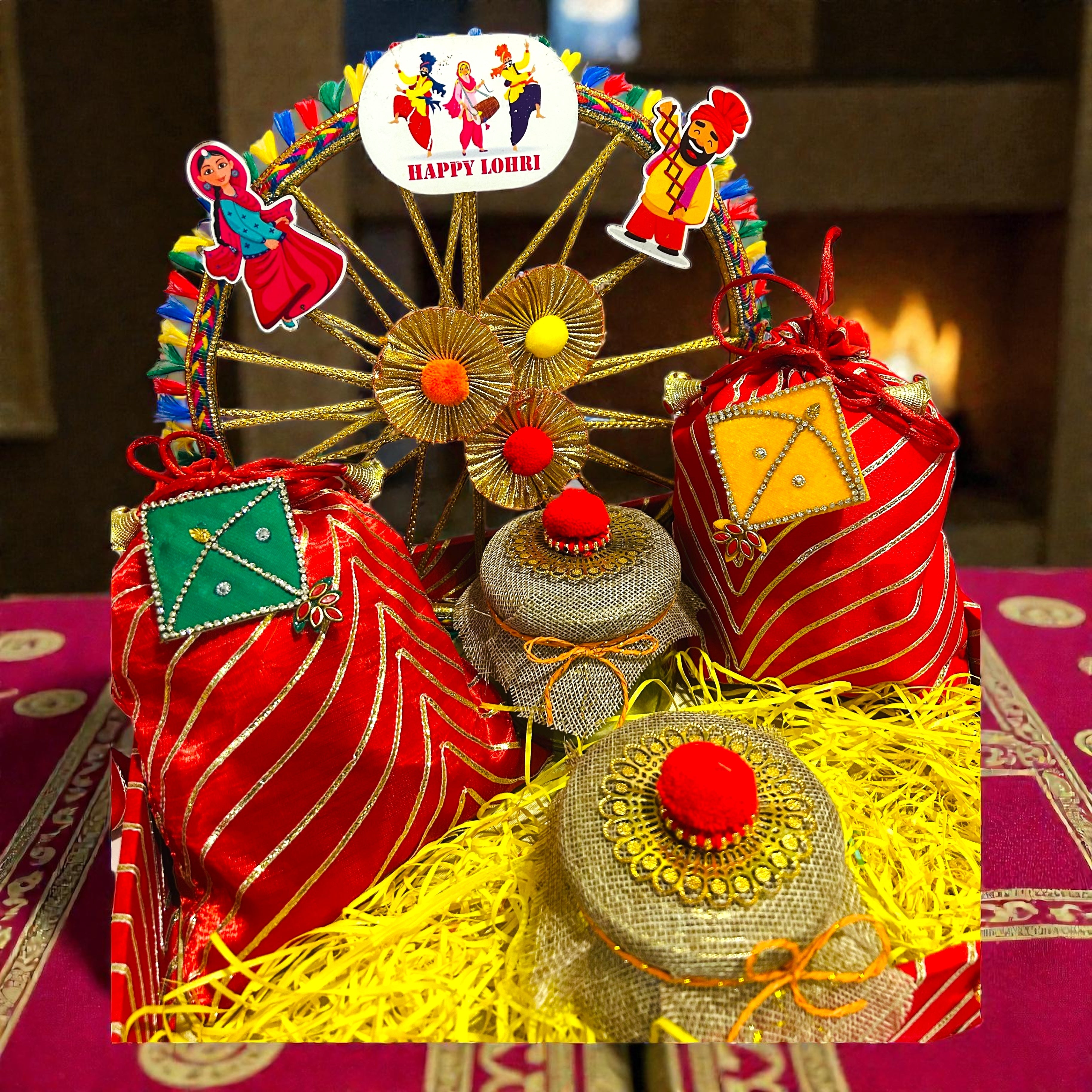 Gota Leheriya themed Lohri tray hamper with traditional festive sweets and snacks.