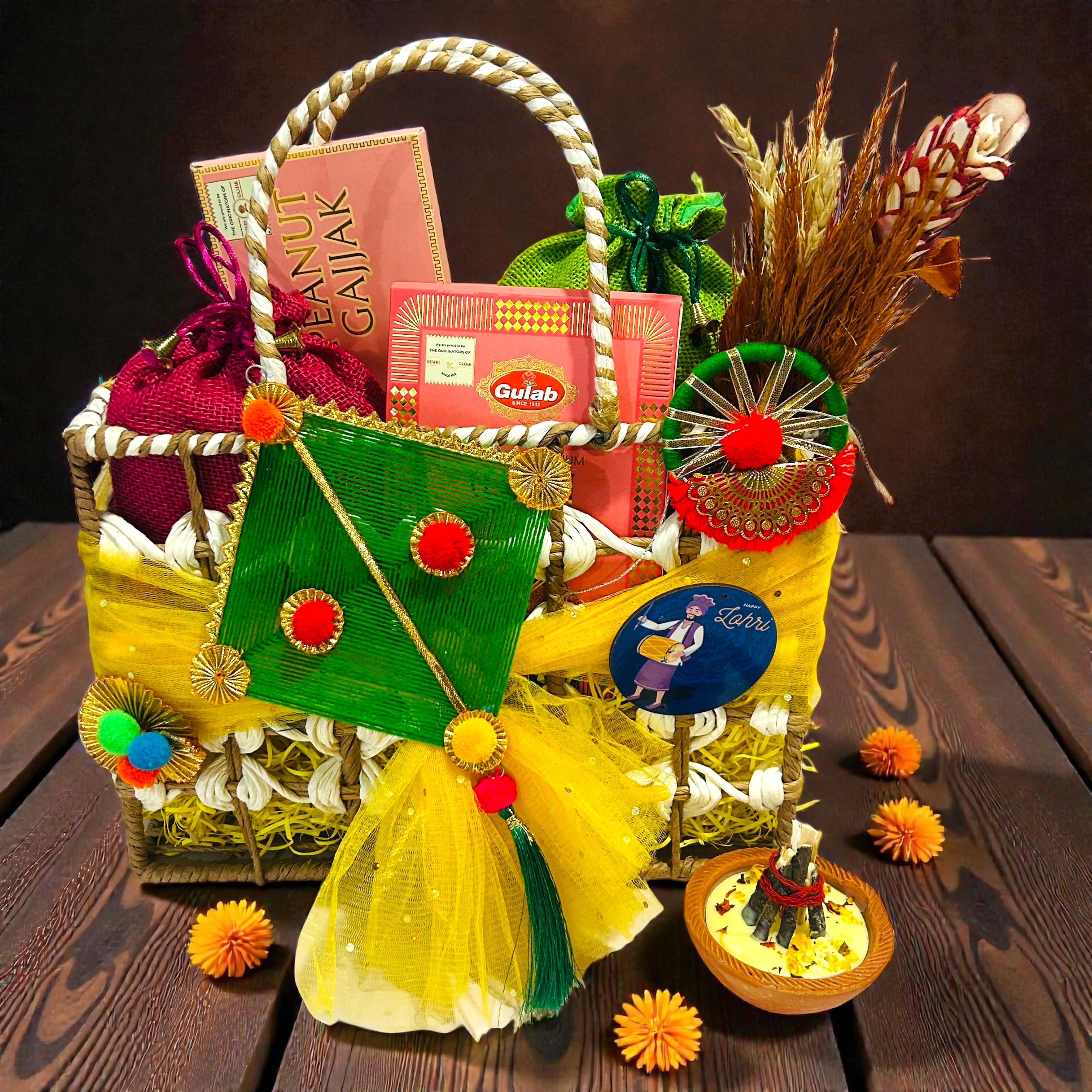 Lohri themed rafia basket hamper with traditional harvest festival snacks.