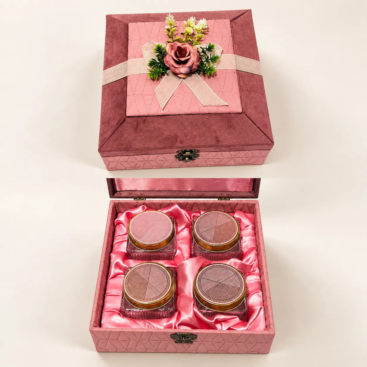 Luxor velvet four jar dry fruit gift box with floral decoration by Wrap Shap