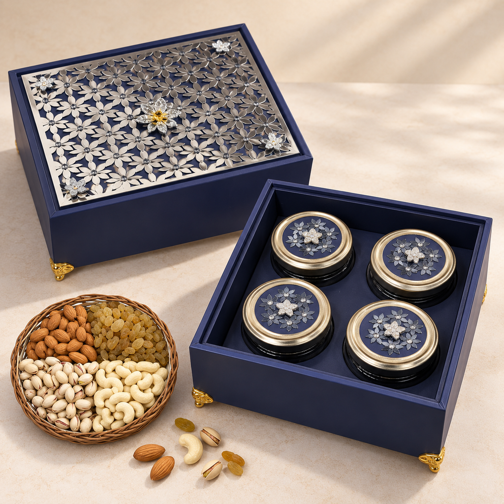 Luxury Four Jar Dry Fruit Gift Box with Acrylic Top by Wrap Shap