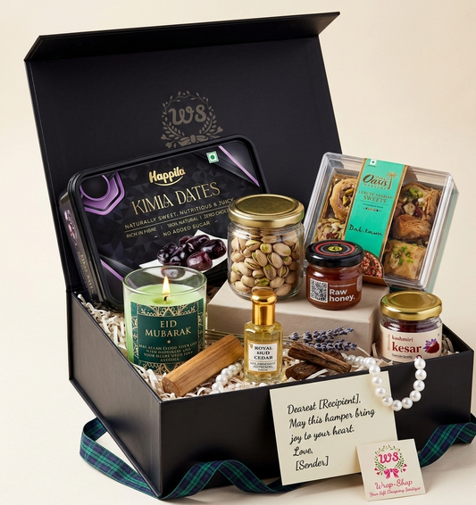 Luxury Eid and Ramadan gift hamper in black box with dates, baklava, pistachios, saffron and oud attar