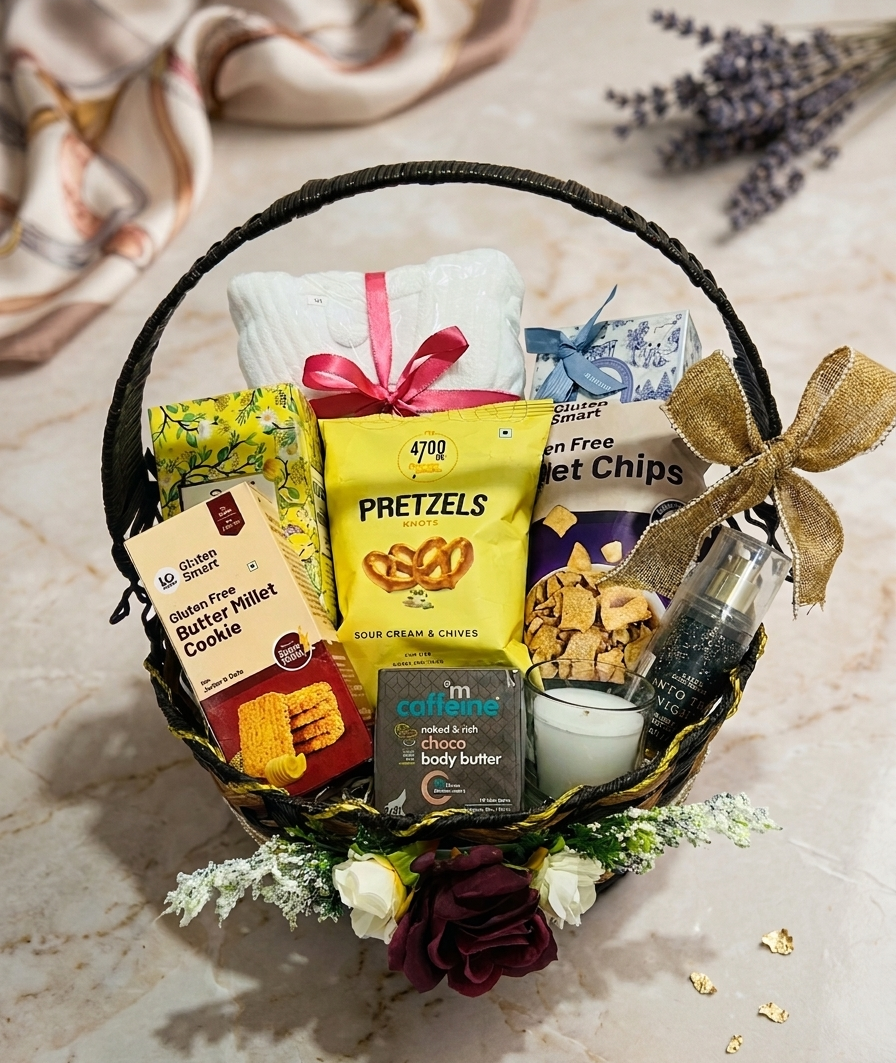 Luxury self care gift hamper for women with skincare and snacks