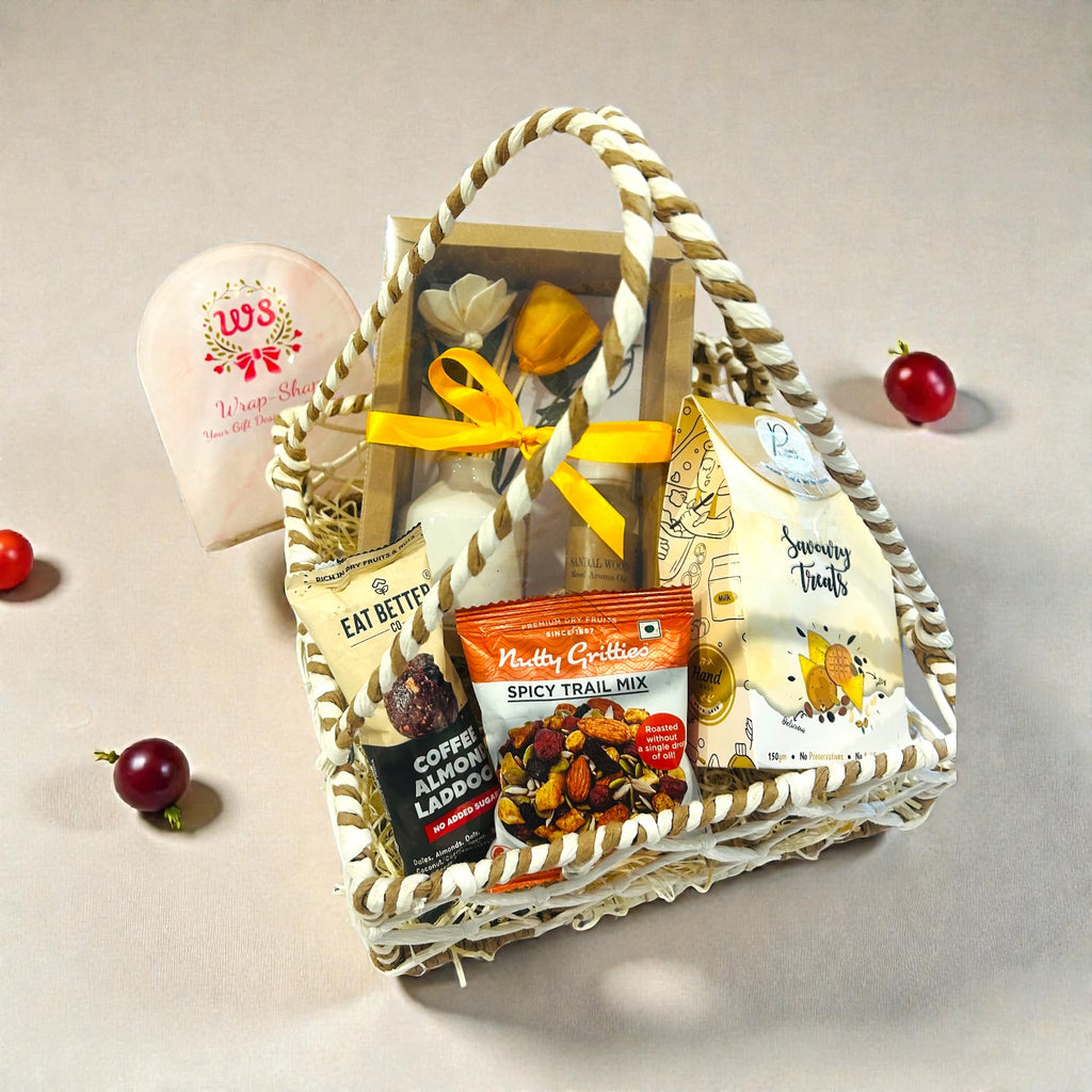 Indian wedding favour hamper with coffee almond laddoo