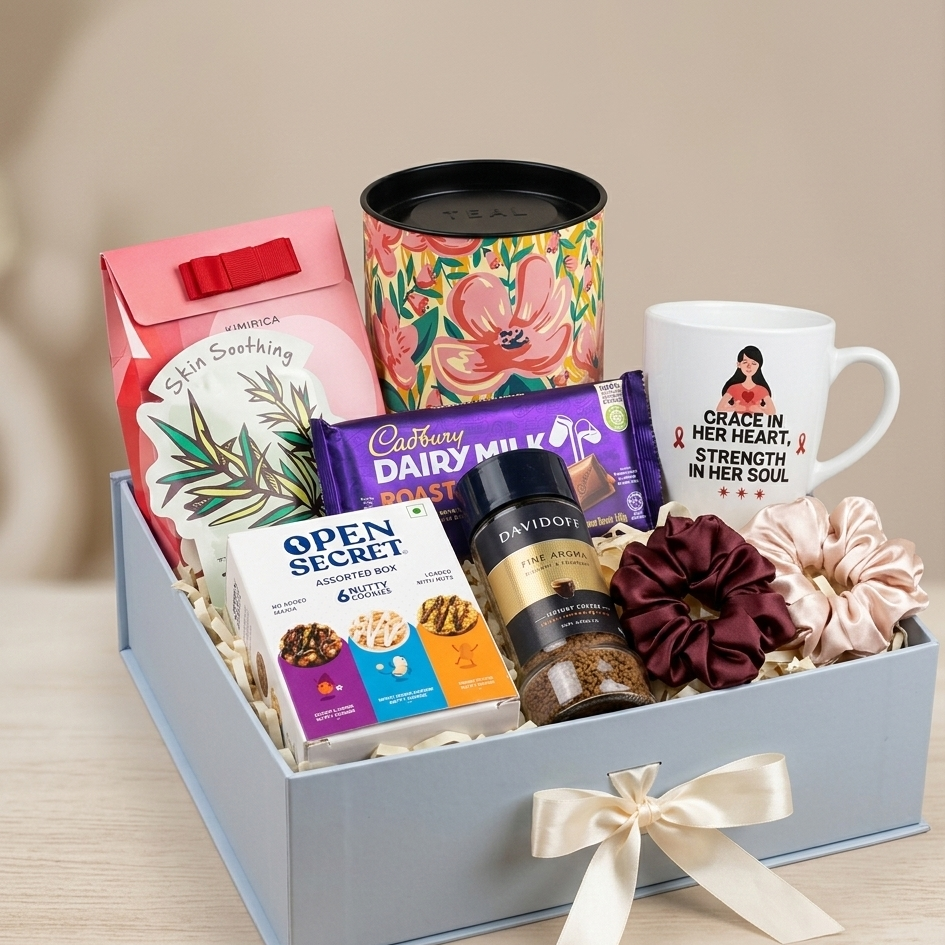 Luxury Women’s Day corporate gift hamper with Chumbak watch, Kimirica set, coffee mug, chocolate and cookies
