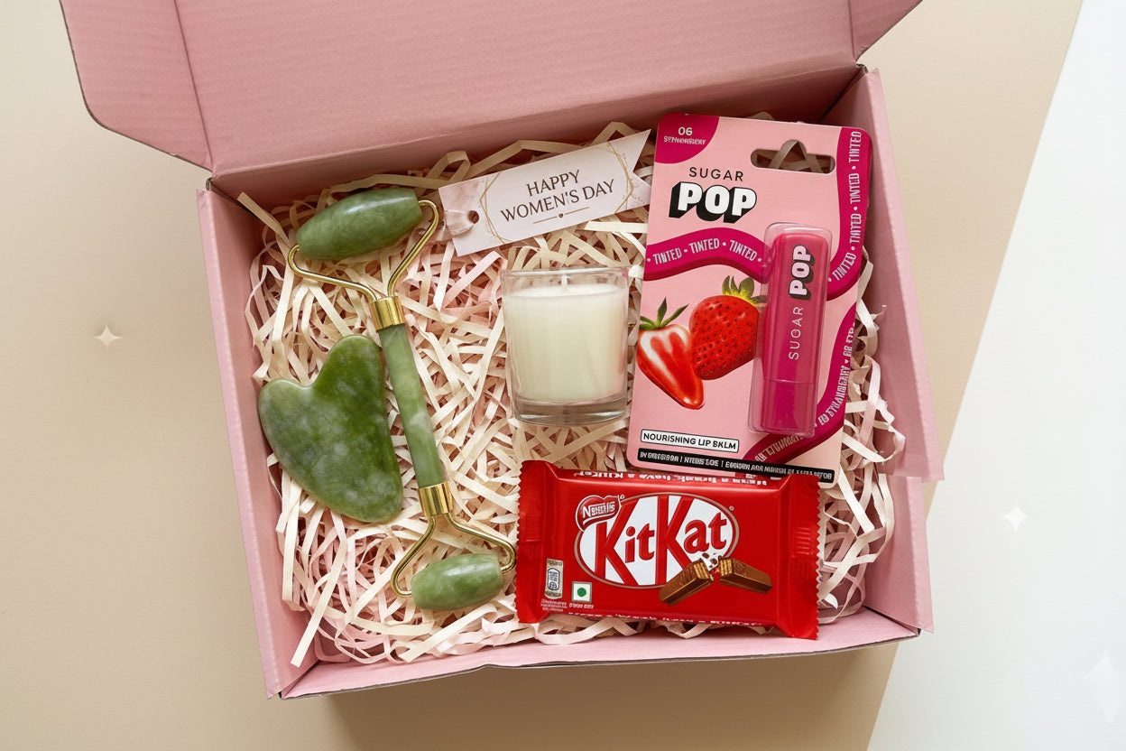 Luxury Women’s Day and Mother’s Day gift hamper with jade roller, lip balm, scented candle and chocolate in premium gift box