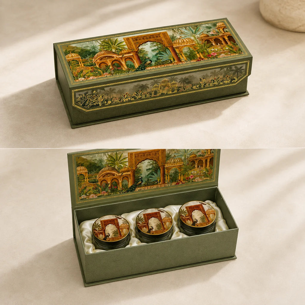 Darbar Dry Fruit Gift Box by Wrap Shap featuring premium kappa board construction with reusable glass jars in 2, 3, and 4 jar variants for Diwali gifting, weddings, corporate gifting, festive hampers, and luxury gift packaging.