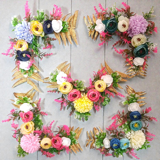  L or V shape artificial flower bunch with multiple flowers in assorted colors for tray and trousseau decoration.