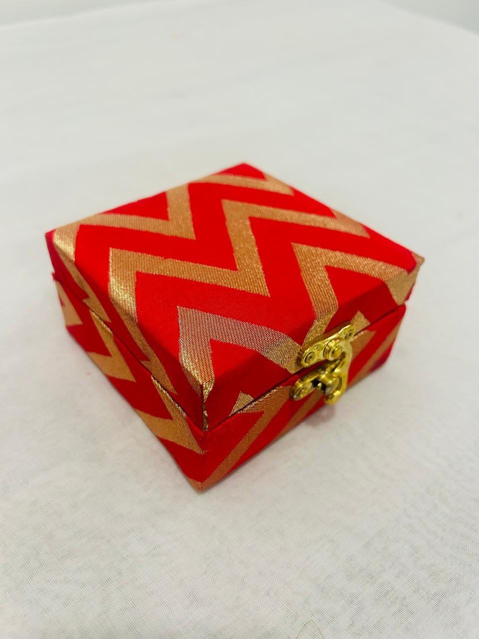 Elegant 4-inch x 4-inch MDF gift box covered in wave print fabric, perfect for jewelry gifting, wedding return favors, dry fruits, chocolates, and festive gifting.