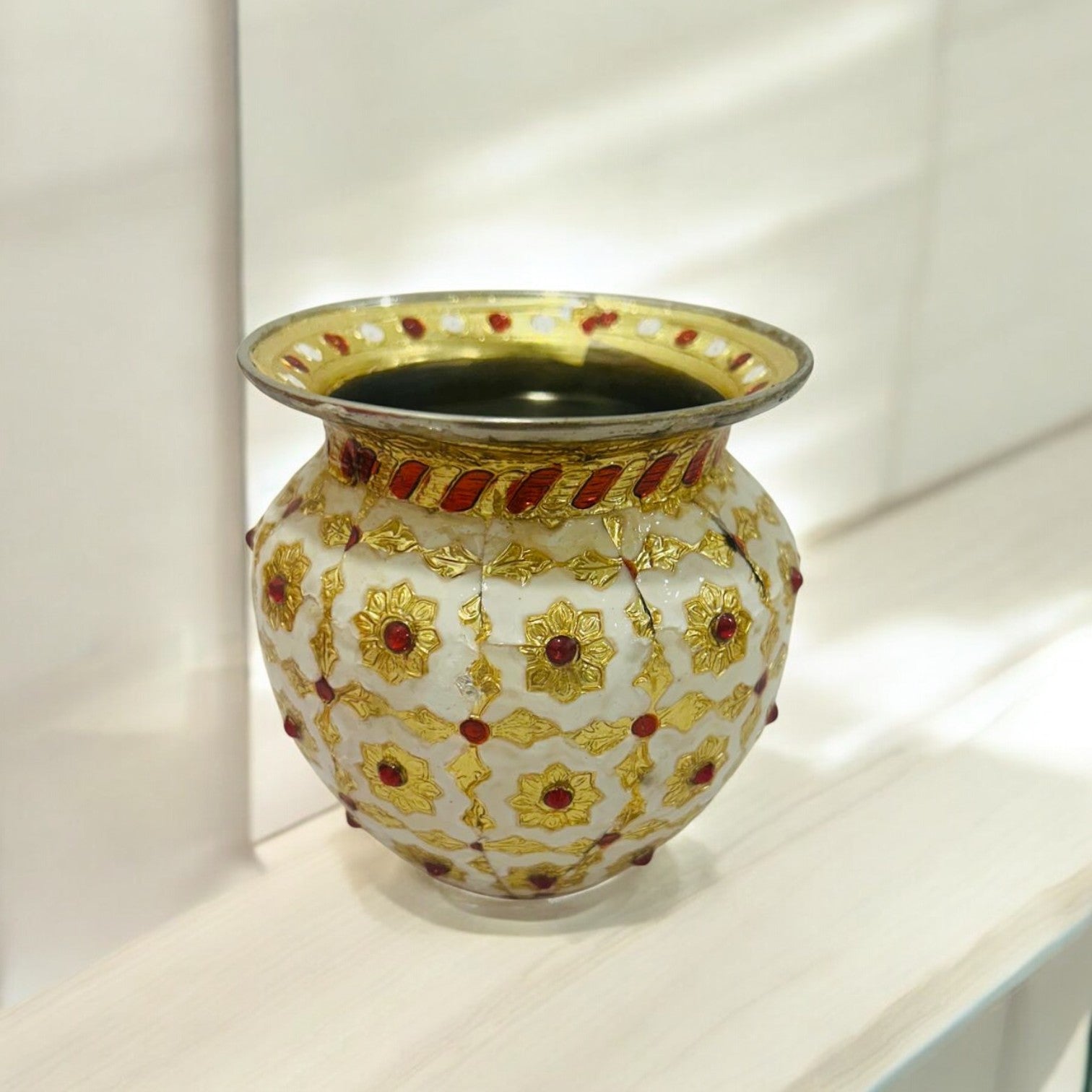 Small stainless steel kalash with Meenakari decoration for pooja, shagun, and Indian wedding rituals by Wrap Shap