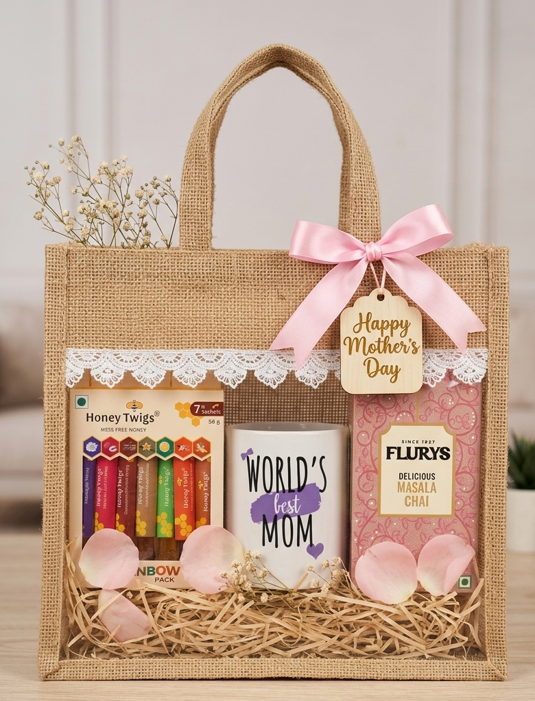 Mother’s Day gift hamper in jute bag with tea and honey sticks
