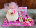 newborn announcement rasgulla hamper in metal jar wooden platter