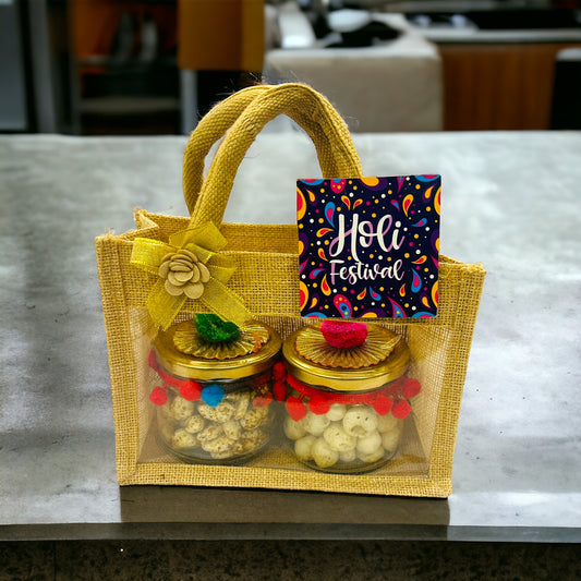 Holi Bliss: Coated Almonds & Roasted Makhana in Jute Bag