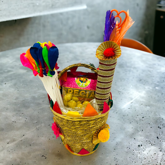 Organic Holi Delight: Herbal Gulal, Water Balloon, Decorated Pichkari & Coated Dry Fruits in Organic Basket