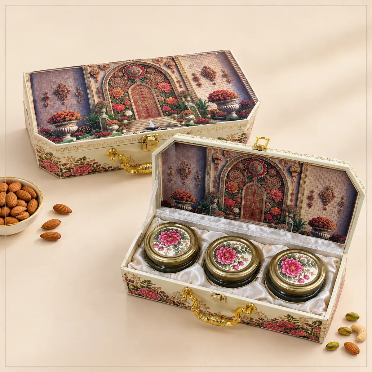 Palace print 3 jar premium dry fruit gift box by Wrap Shap