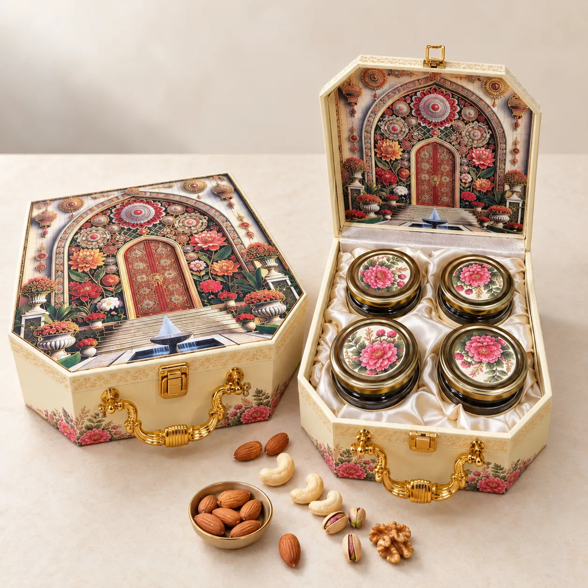 Palace print 4 jar premium dry fruit gift box by Wrap Shap