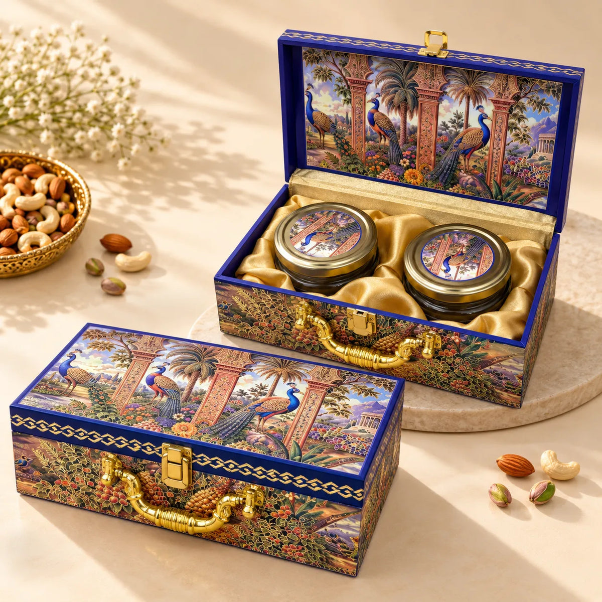Peacock print 2 jar premium dry fruit gift box by Wrap Shap