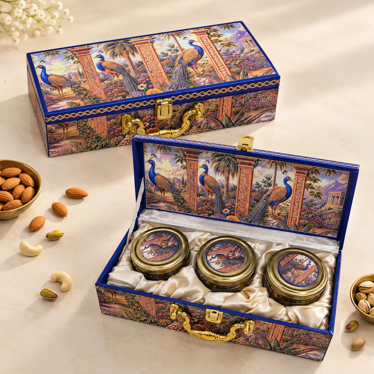 Peacock print 3 jar premium dry fruit gift box by Wrap Shap