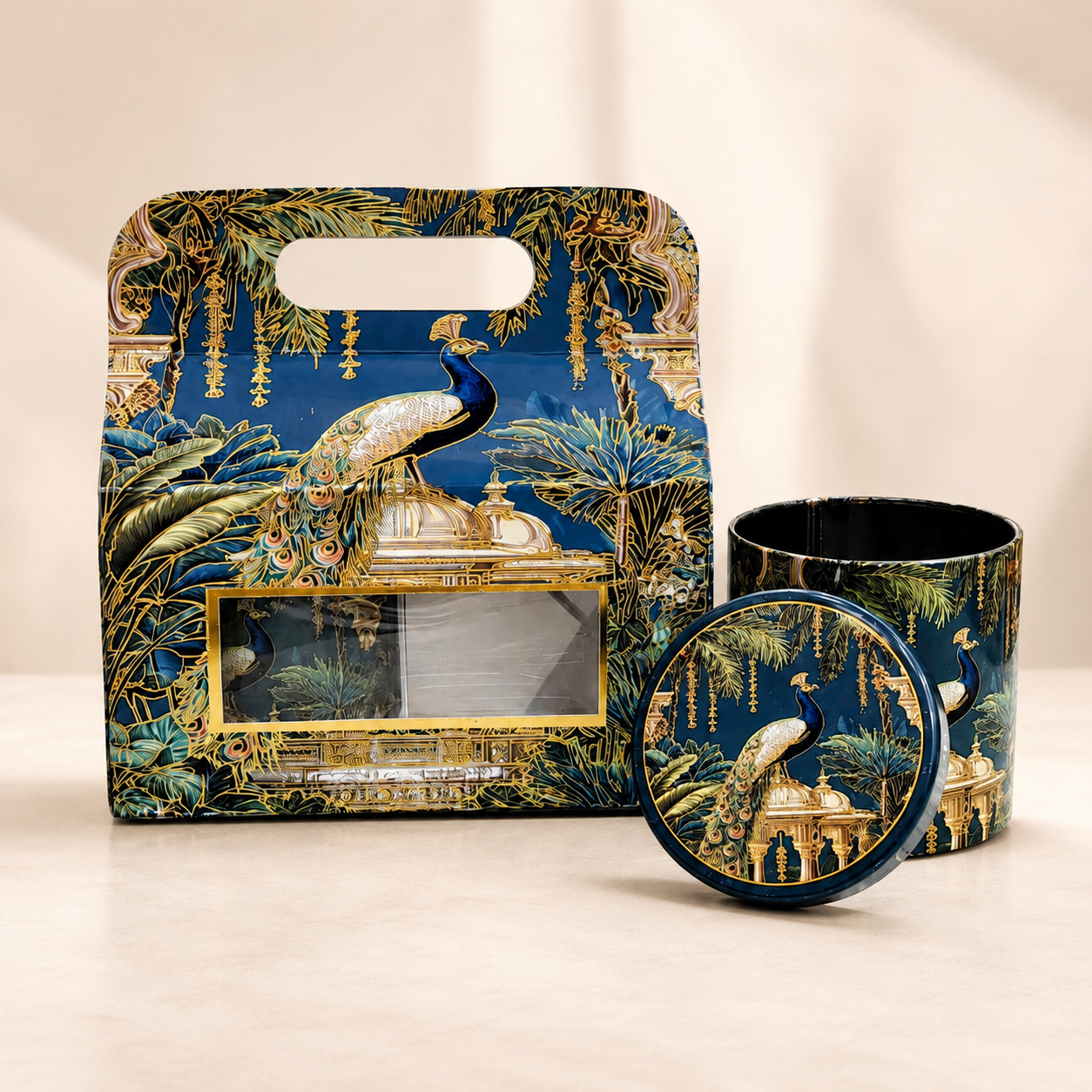 Premium Peacock Print paper gift box with two matching airtight tin jars for dry fruit and chocolate gifting. Luxury Peacock designer gift box measuring 4x7x3.5 inches for festive hampers, wedding gifts, corporate gifting, and gourmet food packaging.
