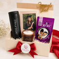 Personalized graduation and exam success gift hamper with customised coffee flask, photo frame, assorted nut mix and scented candle in a premium gift box by Wrap Shap.