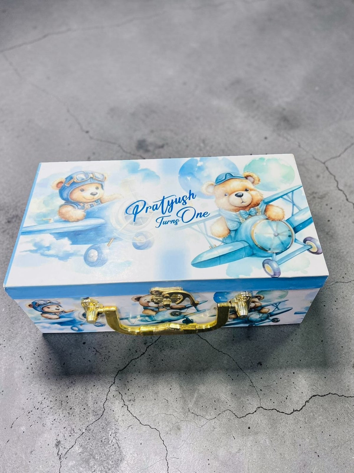 baby boy theme return gift box with personalized name with cookies and almonds jars