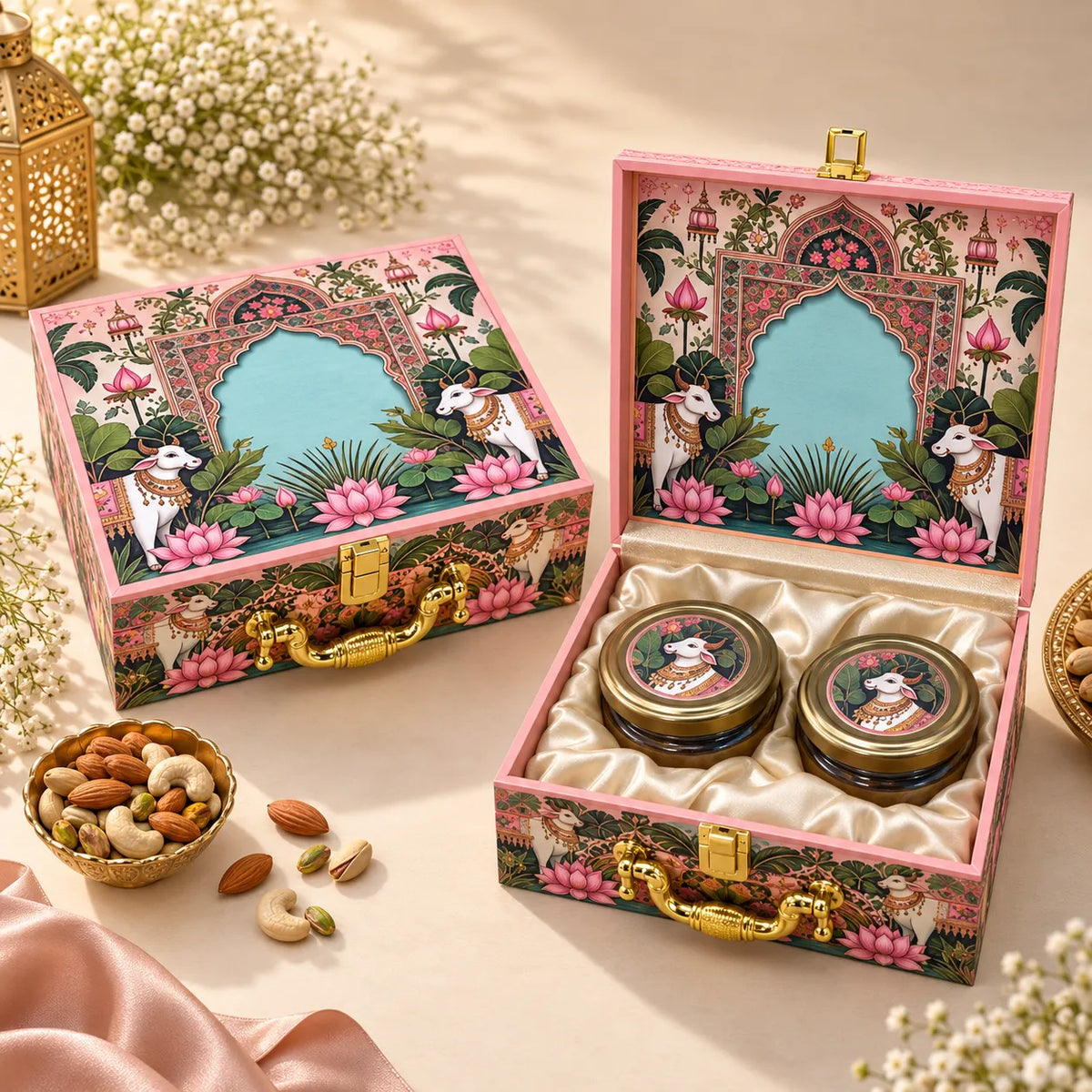 Pichwai print 2 jar premium dry fruit gift box by Wrap Shap