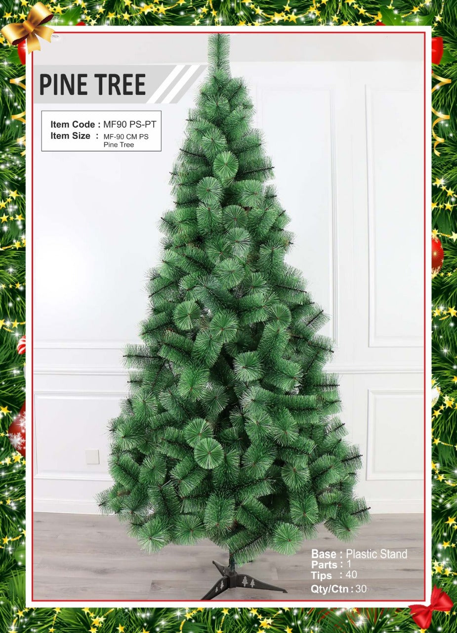 90 cm pine-style Christmas tree with plastic stand for festive home and office décor.