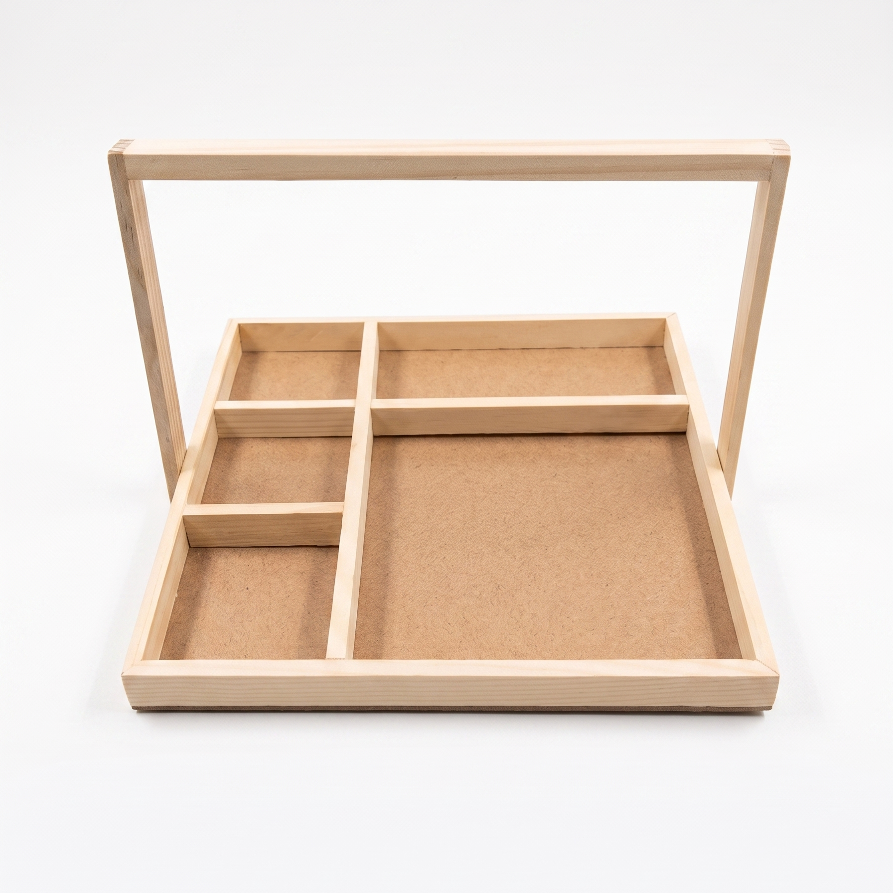 12x12 inch pinewood dry fruit tray with 5 partitions and handle for festive gifting