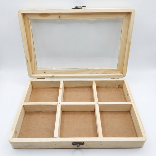 Premium pinewood dry fruit gift box with 6 partitions and transparent acrylic top