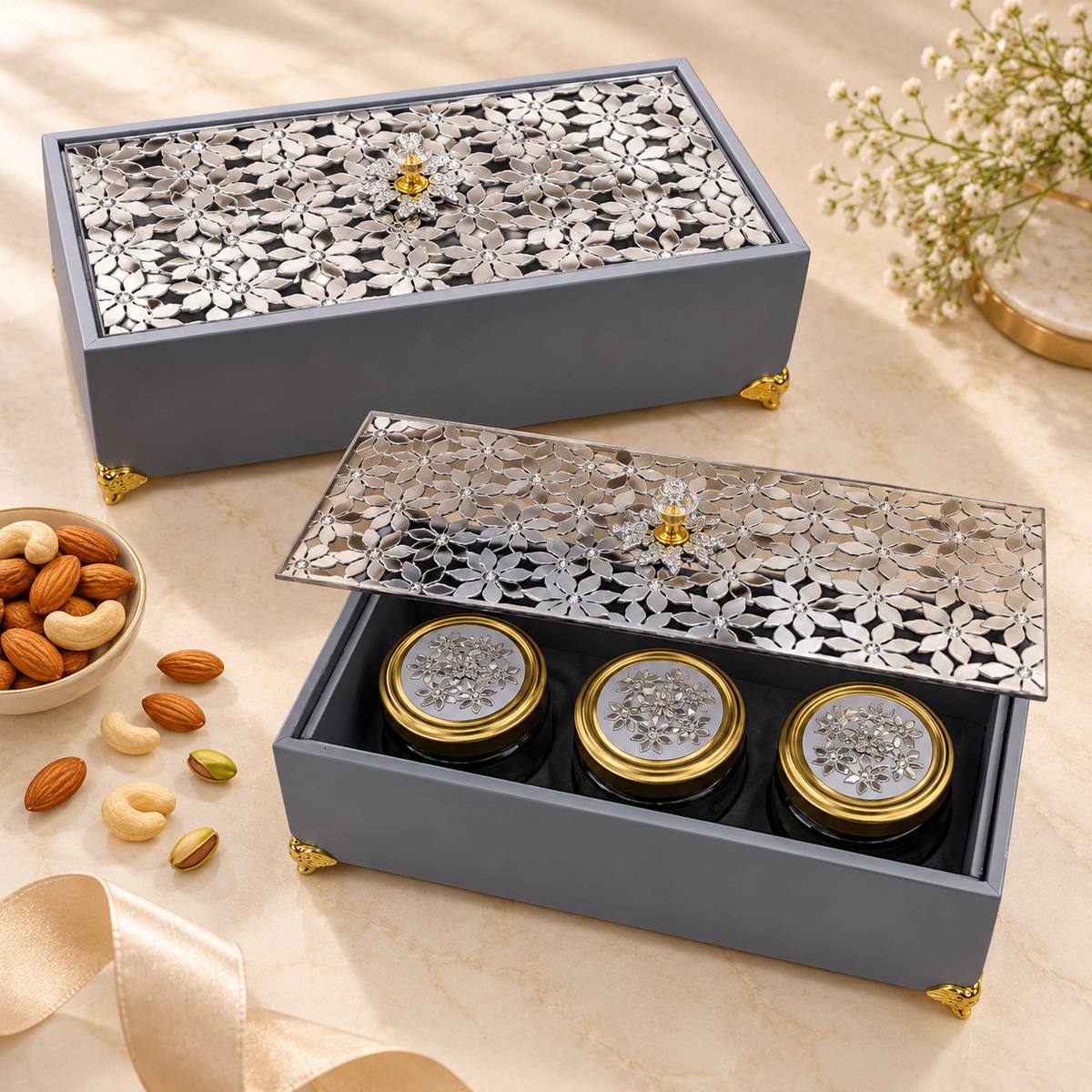 Premium Three Jar Dry Fruit Gift Box with Acrylic Top by Wrap Shap