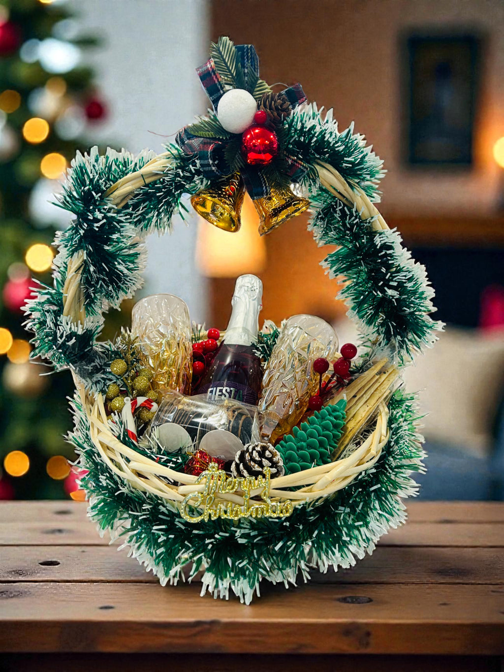 Premium Christmas hamper with fruit wine, wine glasses, chocolates and festive décor in decorated basket.