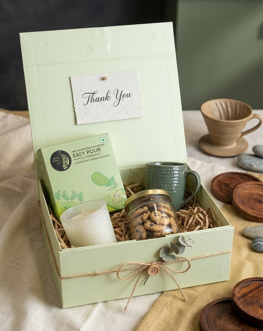 Premium coffee hamper with candle and cookies