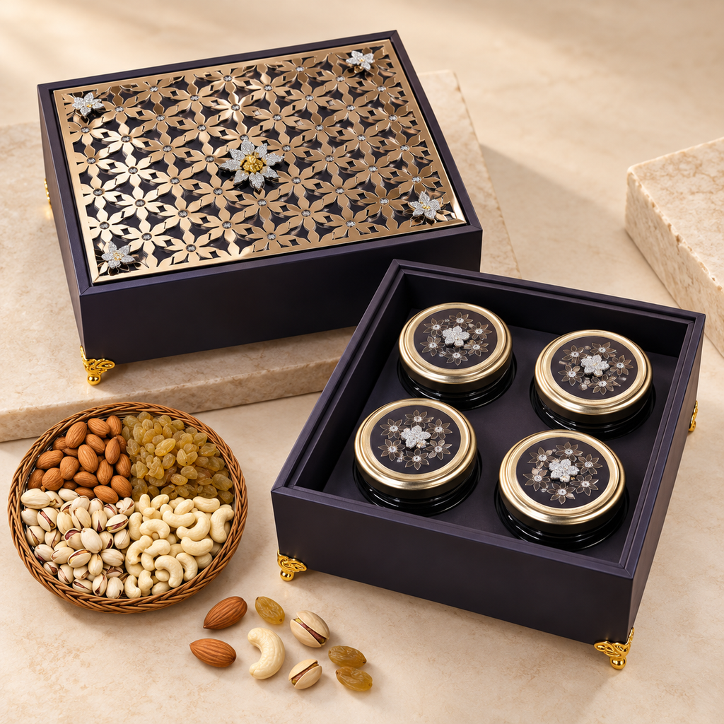 Premium Four Jar Dry Fruit and Gourmet Gift Box for Corporate Diwali Gifting