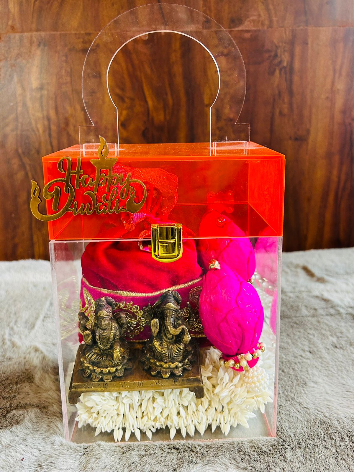 Premium Acrylic Diwali Hamper with 250g coated almonds and brass Laxmi Ganesh idol