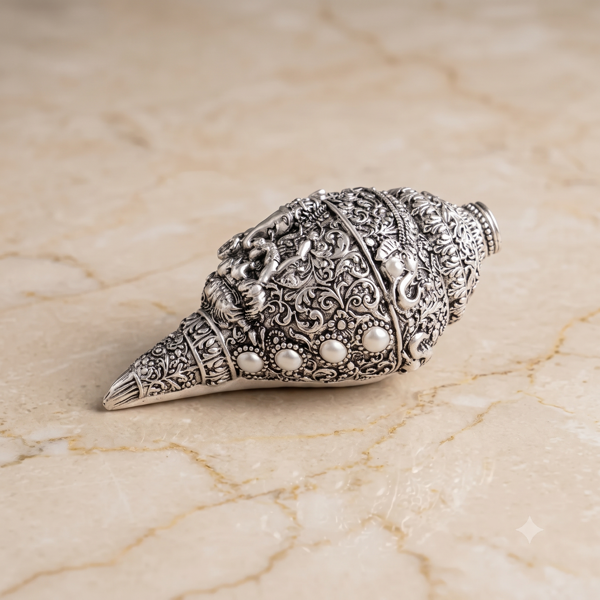 Elegant German Silver Ganesh Shankh suitable for Diwali gifts, housewarming ceremonies and corporate hampers