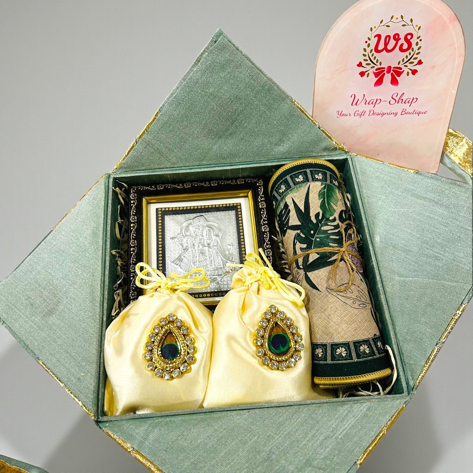 Premium wedding return favour in gota ribbon gift box with Ganesh silver frame and dry fruits