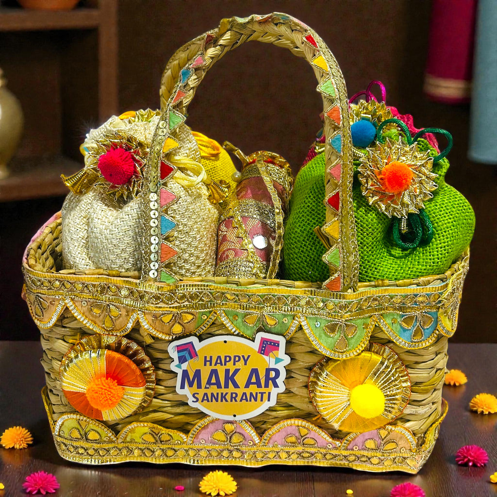 Premium Lohri gift hamper in Kauna basket with Gur Shalimar gajak, gur revdi, moongfali and popcorn