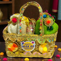 Premium Lohri gift hamper in Kauna basket with Gur Shalimar gajak, gur revdi, moongfali and popcorn