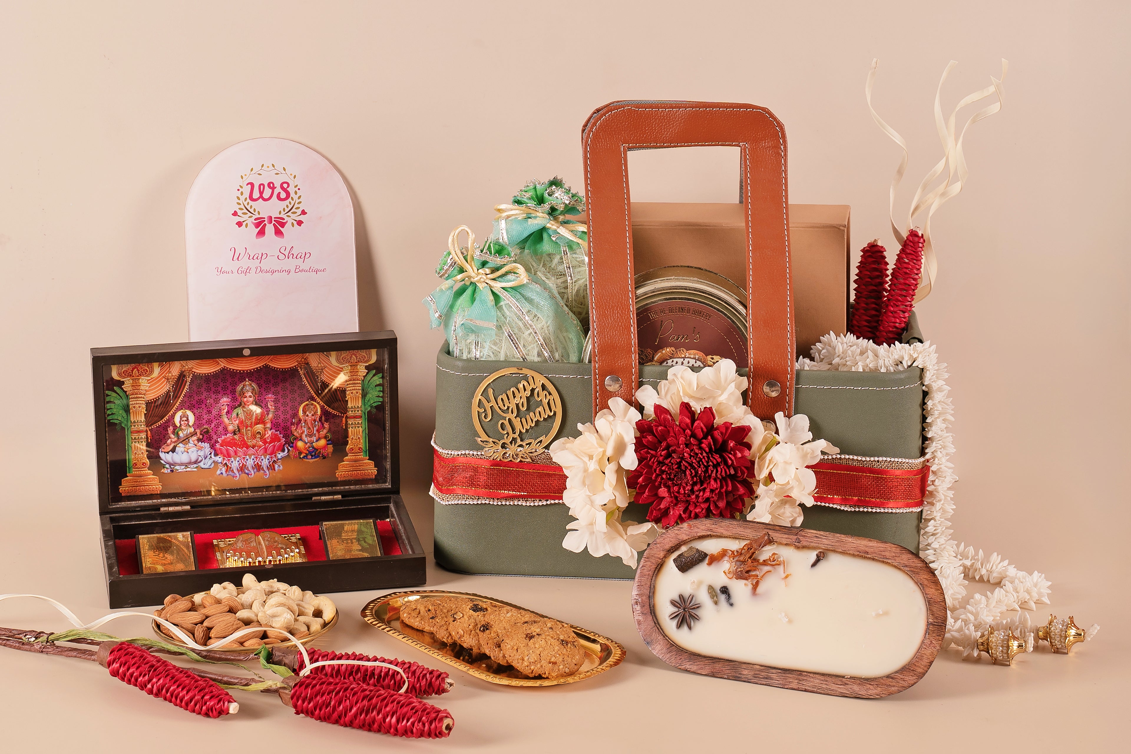 Premium leather Diwali gift hamper with Laxmi Charan Paduka and dry fruits, Luxury festive gift basket with scented candle and bakery treats
