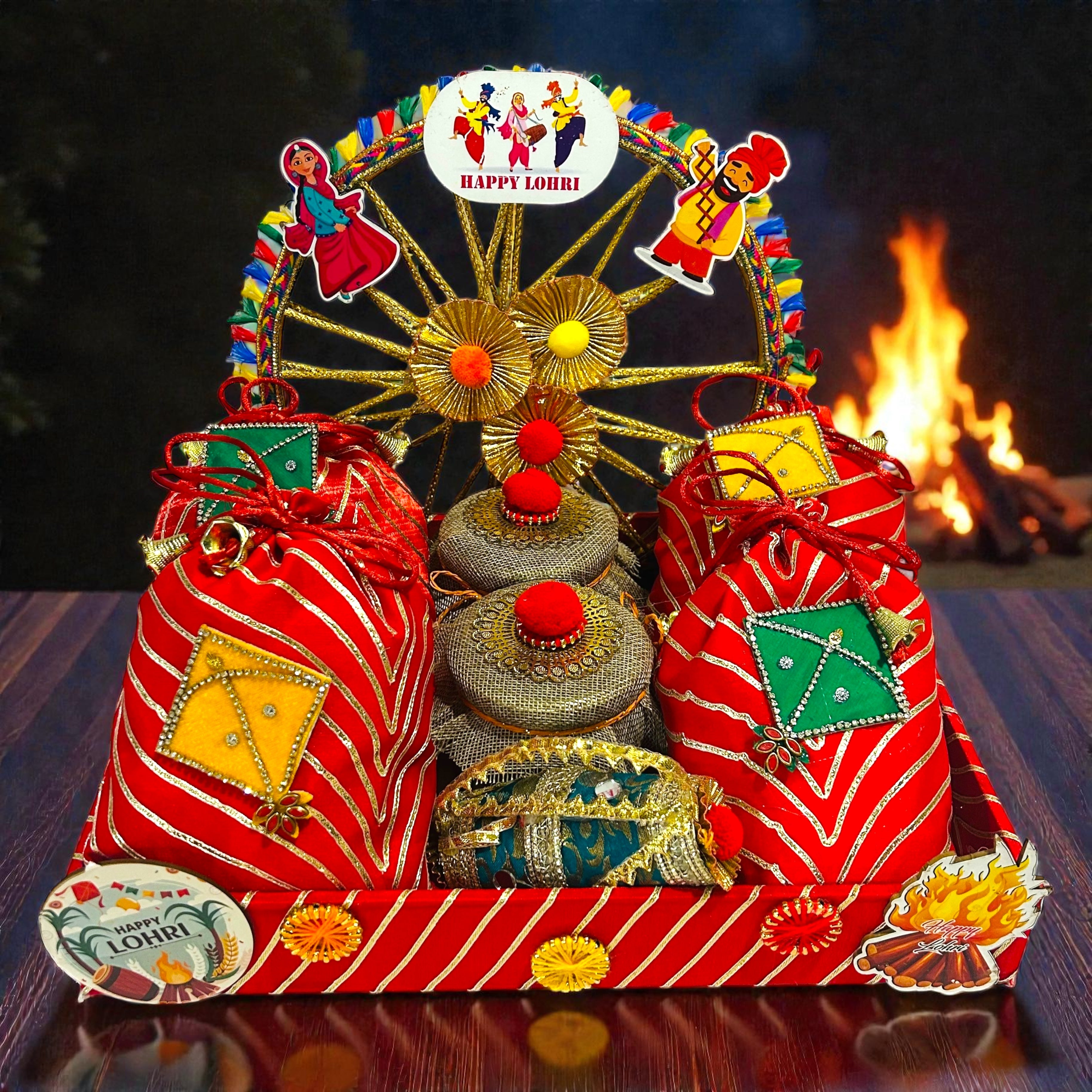 Premium Lohri gift hamper in Gota Leheriya tray with potlis, gajak, revdi and til laddoo jars
