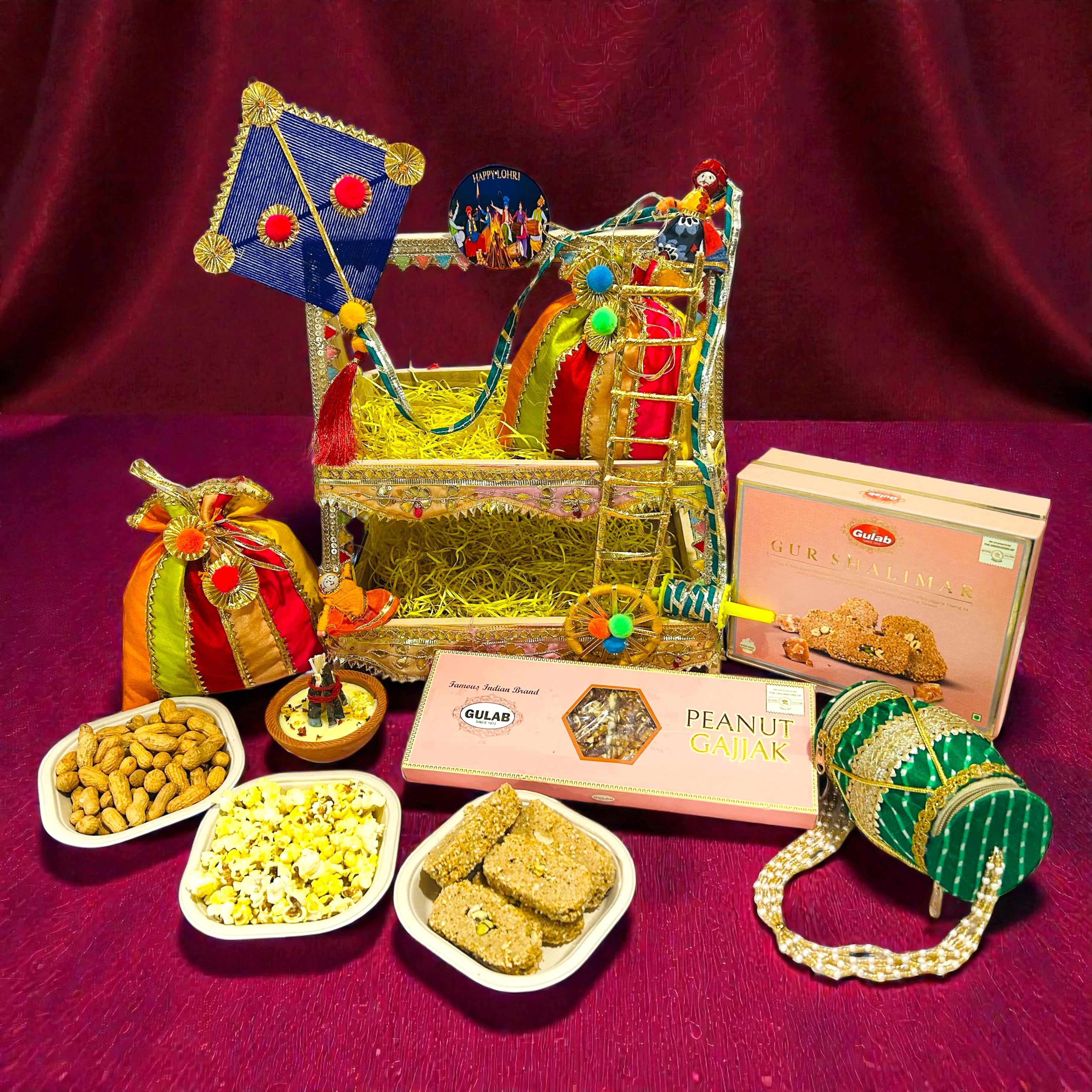 Lohri themed 2 tier wooden basket hamper with traditional festive snacks