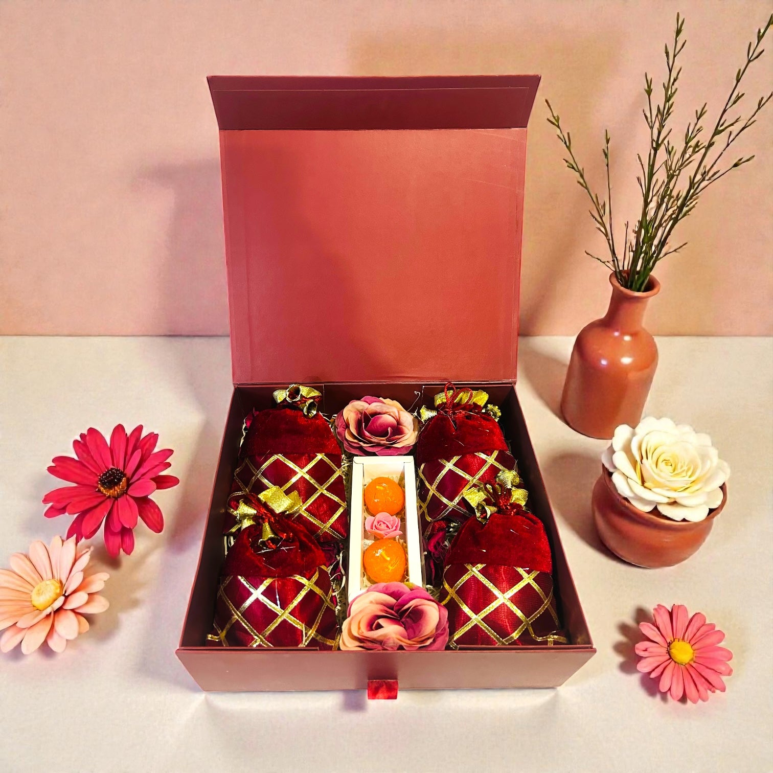festive gifting hamper with potli bags